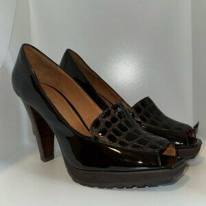 A. Marinelli Brown Patent Leather Platform Peep Toe Loafer Heels Women’s 7.5
